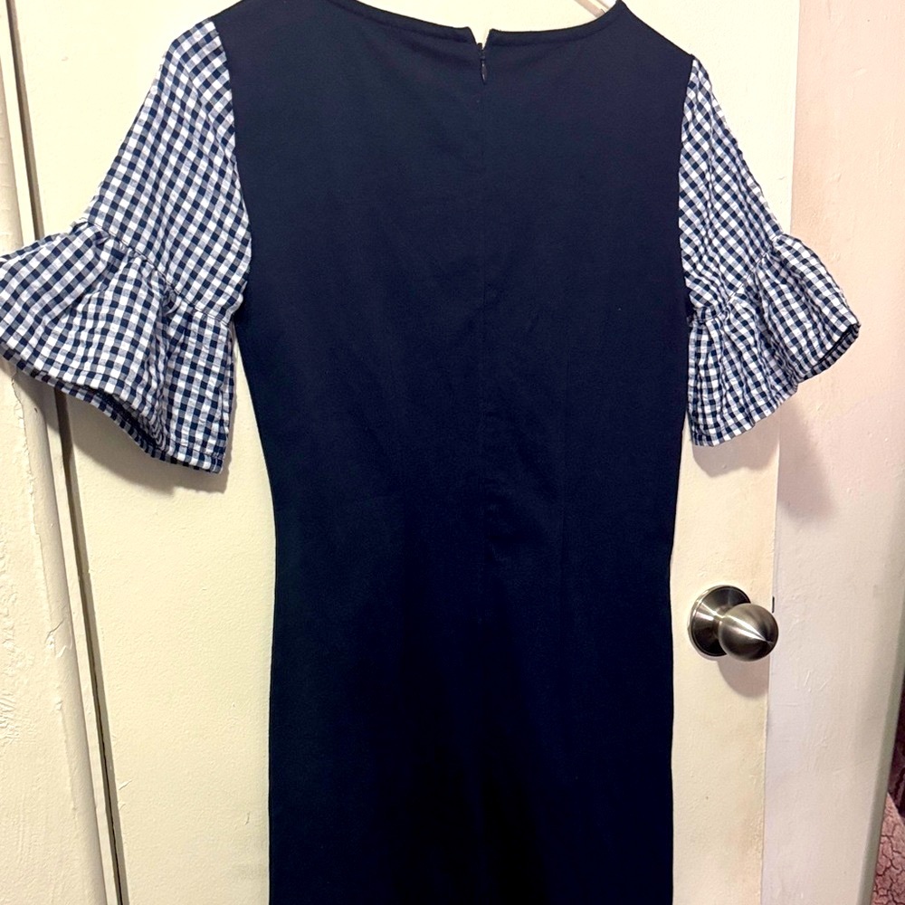 J. Crew Navy Dress with Gingham Ruffle Sleeves - Picture 5 of 7